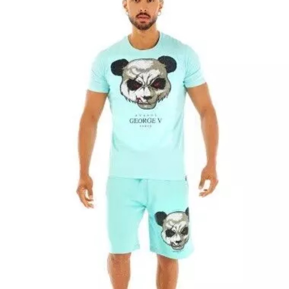 Avenue George V Paris Short Set Men's Blue 2 piece set Teddy Bear Rhinestone 2XL